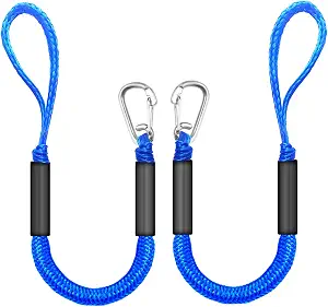 Bungee Dock Lines for Boats 2FT, Boat Tie Downs for Dock with Hooks, Elastic Dock Ties for Small Boat Jet Ski Kayak Mooring (2 Foot, 2-Pack, Blue)
