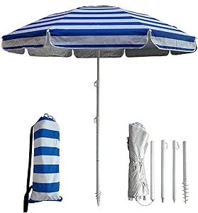 LOTTAFUN 6ft Beach Umbrella - Heavy Duty Wind Resistant UV 50+ Portable Sun Shade with Sand Anchor & Carry Bag, Outdoor Folding Umbrella for Beach, Pool, Patio, Garden (Blue strip) No Tilt The sand needs to exceed the spiral 6inch
