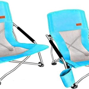 Nice C Low Beach Camping Folding Chair, River Sand Lake Chair (2 Pack Blue) | Compact Backpacking Chair, Sillas De Playa, Cup Holder, Carry Bag, Heavy Duty, Outdoor, BBQ, Travel, Picnic, Festival