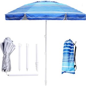 LOTTAFUN 6ft Beach Umbrella - Heavy Duty Wind Resistant UV 50+ Portable Sun Shade with Sand Anchor & Carry Bag, Outdoor Folding Umbrella for Beach, Pool, Patio, Garden (Blue Stripe) No Tilt The sand needs to exceed the spiral 6inch