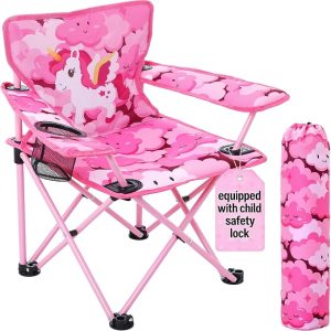 Padded Kids Camping Chair, Folding Kids Chair Support 120 lbs,Pink Unicorn | Foldable Toddler Chair with Cup Holder & Safety Lock Portable Kids Beach Chair Ages 3-6 for Outdoor Camping