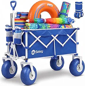 Sekey Heavy Duty Beach Wagon with 9" Big Sand-Proof Wheels – 600lb Capacity, 200L Oversized Foldable Cart | Adjustable Handle & All-Terrain Tires for Sand, Camping