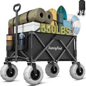 SUNNYFEEL 550LBS Beach Wagon with Big Wheels for Sand - 200L Heavy Duty | Beach Cart with 9" Balloon Wheels, Wagon Cart Foldable with Adjustable Handle & All-Terrain Tires for Camping, Garden