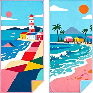Beach Towels Oversized Abstract Art Quick Dry Microfiber | Lighthouse Beach Scene Print, 35x70 Inch, Highly Absorbent Soft Touch, for Pool Bathroom Outdoor Use, Set of 2