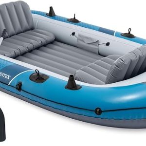 INTEX Excursion 4-Person Inflatable Fishing Boat River Raft Set with Oars | 66324EP - Portable Boat with Extra Wide Cockpit and High-Ouput Hand Pump, 10ft 4in × 5ft 5in