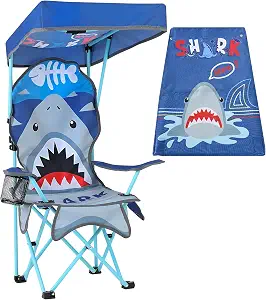 KABOER Kids Shark Pattern Outdoor Folding Camping Chair | with Canopy and Cup Holder and Carrying Bag for Beach Picnic Camping Travel Lawn
