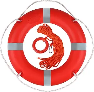 28 Inch Life Ring Buoy with Grab Rope, Marine Throw Ring Lifebuoy for Boat Dock Pool Waterfront Safety, Closed-Cell Polyurethane Foam Core, High-Strength Polyethylene Shell, Red