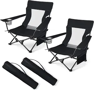 HaSteeL Folding Beach Chair Set of 2, Foldable Black Camping Chairs for Outside, Low Beach Chair Portable for Adults Fishing, Picnic, Outdoor BBQ, Travel, Sports, Cup Holder & Storage Bag