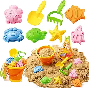 Beach Sand Toys Set for Toddlers, Portable Travel Beach Toys with Collapsible Bucket, Shovel, Rake, Molds & Mesh Storage Bag for Kids, Summer Gift (Tangerine)