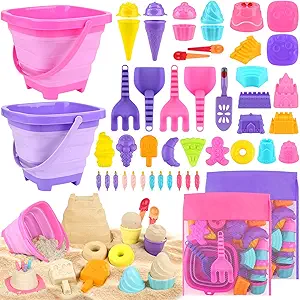 Beach Toys for Kids, 2 Collapsible Sand Bucket and Ice Cream Travel Toys | Collapsible Sand Bucket and Shovels Set with Mesh Bags & Beach Molds for Kids Toddlers Girls, Sandbox Travel Toys for Beach