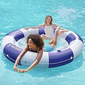 SLOOSH Inflatable Pool Lounger Float with Mesh, 80" x 80" Tanning Pool Floats, Double Lounger Round Ring for Adults, Floating Mat Raft for Lake and Beach with Cup Holder