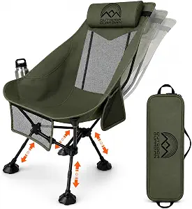 Compact High Back Camp Chair - Adjustable Height & Recline | Folding Camping Chair for Adults - Head Pillow, Wide Armrests & Anti-Sink Feet - Portable Seating for Camping, Hiking & Beach