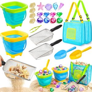 Beach Toys for Kids 24 Pcs Metal Sand Sifter Collapsible Beach Buckets Set | Stainless Steel Sand Shovel, Sandcastle Building Kit with Mesh Bag, Travel Sand Toys for Toddlers Age 3-10