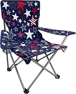 Black Sierra Kids Patriotic Camping Chair, Folding USA Flag Seat for Children, Supports 150 lbs, Portable Outdoor Chair with Carry Bag and Cupholder for Ages 3–10 for Beach, Sports, Travel, Backyard