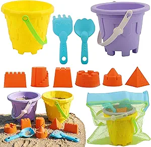 TOY Life Beach Toys for Kids, 11-Piece Sand Castle Bucket & Sand Toys Set | 6 sand molds, 2 shovels, mesh bag, beach pail & shovel set for toddlers, ages 3+