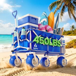Beach Wagon with Big Balloon Wheels for Sand, 450LB Heavy Duty | Foldable All Terrain Beach Cart with 9" Balloon Tires, Collapsible Beach Wagon with Adjustable Handle & Cooler Bag-Blue
