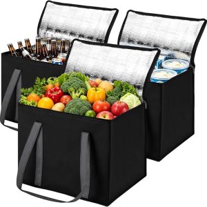 3-Pack XL-Large Insulated Grocery Bags, Soft Cooler Bag with Zipper | Collapsible Multi-Purpose Insulated Tote; Spacious for Camping, Beach or Trips (35L, Black)