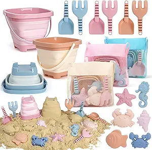 Beach Toys Set for Kids, 3 Pack Collapsible Sand Buckets and Shovels Set | Collapsible Beach Bucket Set with Mesh Bags & Sand Molds, Beach Travel Essentials Sandbox Toys for Toddlers Kids Age 3-10