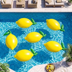6 Pcs Lemon Pool Float Fruit Party Decor | with Pump, Large PVC Foil Balloon, for Summer Swimming Tropical Hawaiian Party, Birthday Baby Shower Wedding Decor