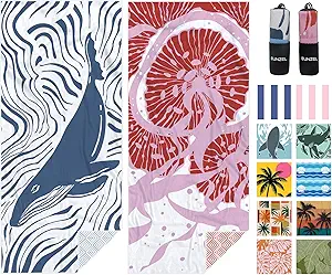 Eunzel 2 Pack Microfiber Beach Towel, Quick Dry Travel Towel Large Sand Free Towel for Beach, Camping, Swim Pool, Gym, Sports& Yoga 71"x32", Whale& Jellyfish