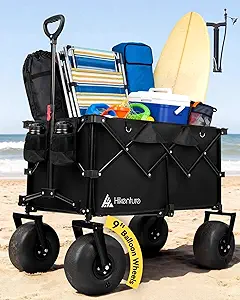 Hikenture Beach Wagon with Balloon Wheels, 9" PU Tires Collapsible Wagon | 440lbs Heavy Duty Beach Cart with Big Wheels for Sand, Large Capacity Utility Wagons Carts Foldable