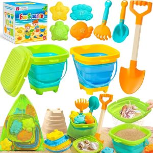 Collapsible Beach Sand Toys for Kids Toddlers, Collapsible Sand Bucket | Sand Sifter Shovels Set with Mesh Bag and Sand Molds, Travel Beach Sandbox Toys for Boys Girls 3 4 5 6 7 8 9 10