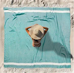 Vikumond Turkish Beach Towel Blanket Oversized 88x82 Inch Quick Dry Teal | Lightweight Compact Portable Sand Free Absorbent Boho Woven Throw for Pool Swimming Picnic Camping Cruise Outdoor Essentials