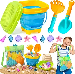 Collapsible Beach Sand Toys for Kids Toddlers, Collapsible Sand Buckets | Sand Sifter and Shovels Rake Diving Gem Pool Toy Set with Mesh Bag, Travel Beach Vacation Essentials Toys for Boys Girls
